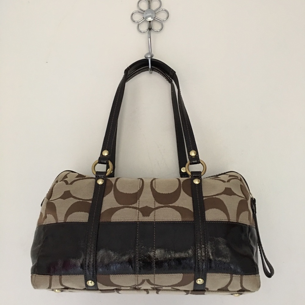 Coach Satchel Handbag Purse Monogram Canvas Leather Jacquard Brown Zip